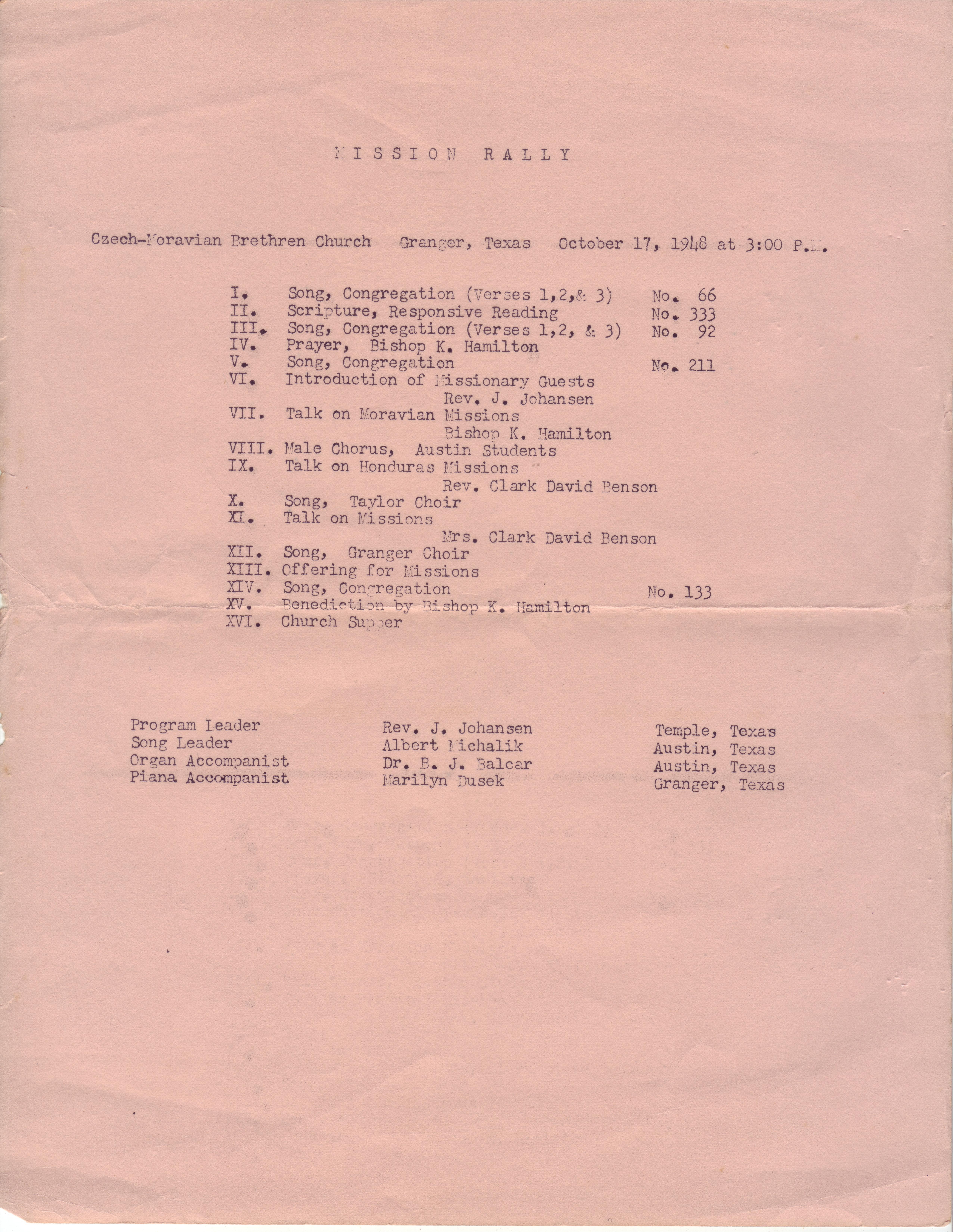 A typed program from a 1948 Mission Rally held at the Czech-Moravian Brethren Church in Granger.