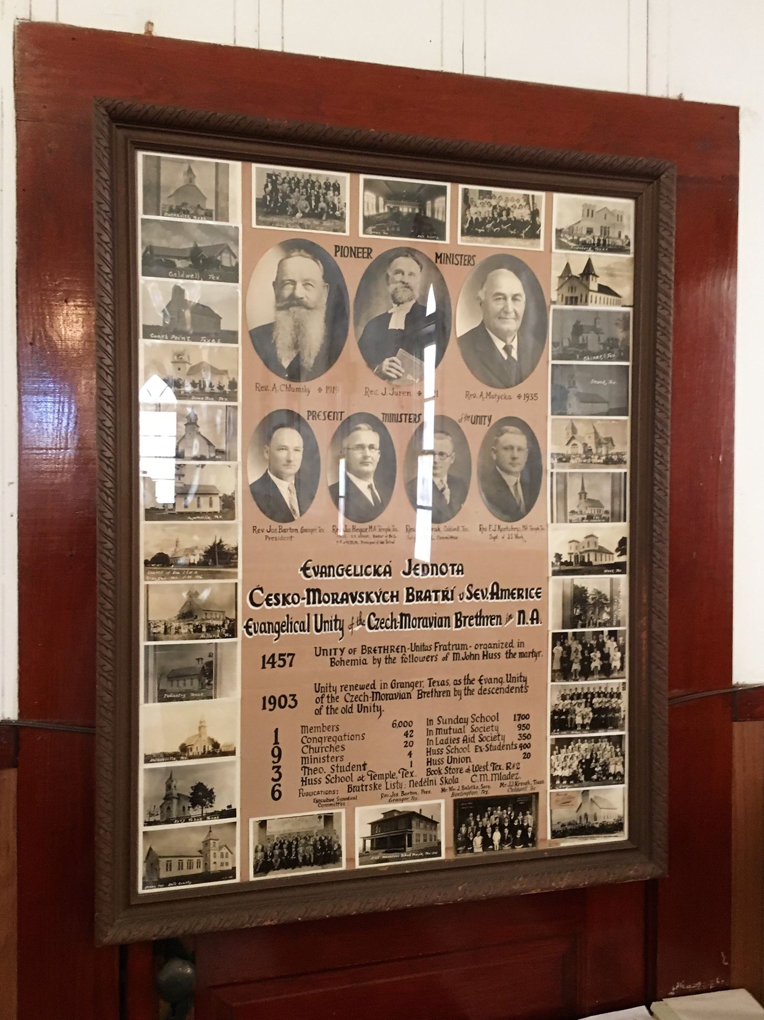 A framed commemorative plaque featuring portraits of pioneer and present ministers, 1936.
